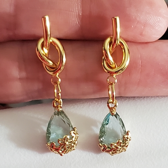 925 earrings ice blue real gold plated flowers aquamarine topaz knot crystal - Picture 1 of 15